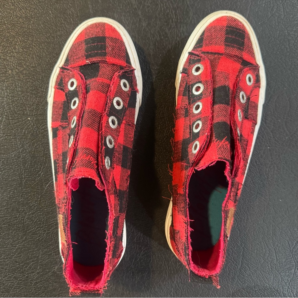 Red and Black Buffalo Plaid Slip-On Sneakers, Women’s 8